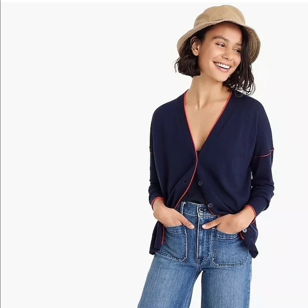 J.Crew Tipped Merino Cardigan Navy Red Sz M NWT